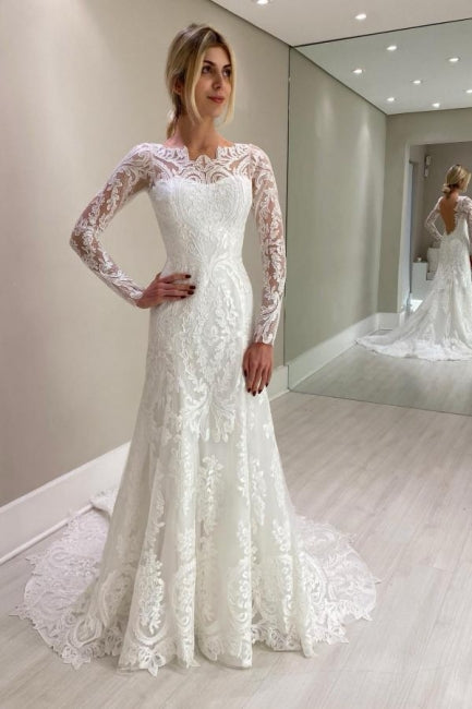 Column Lace Long Sleeve White Wedding Dress Bridal Gown With Appliques