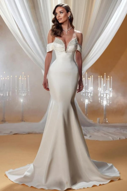 Column Satin Wedding Dress Off The Shoulder Sleeveless Ivory Bridal Gown With Beading