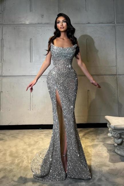 Column Sequined Prom Dress Sleeveless Formal Dress With Split