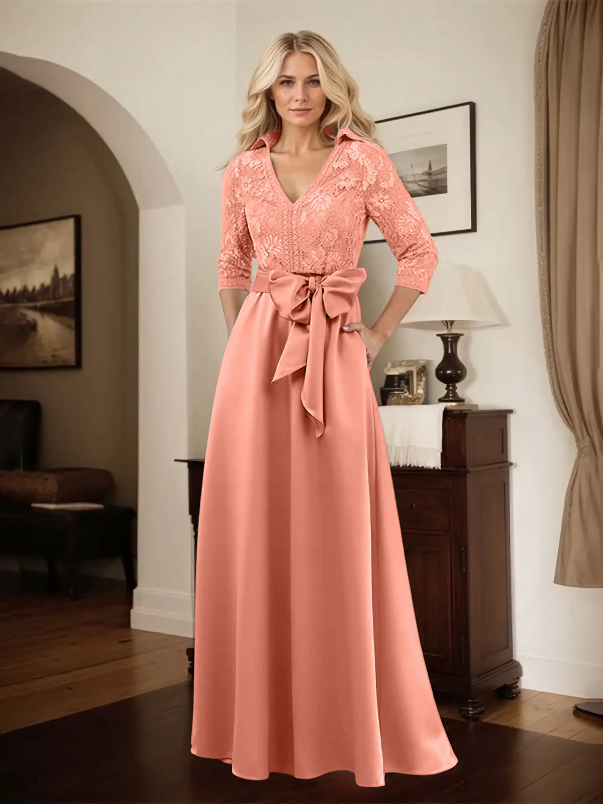 Classic V-Neck Bow Accented Satin Mother Of The Bride Dress With Lace - View 12 | FashionDia