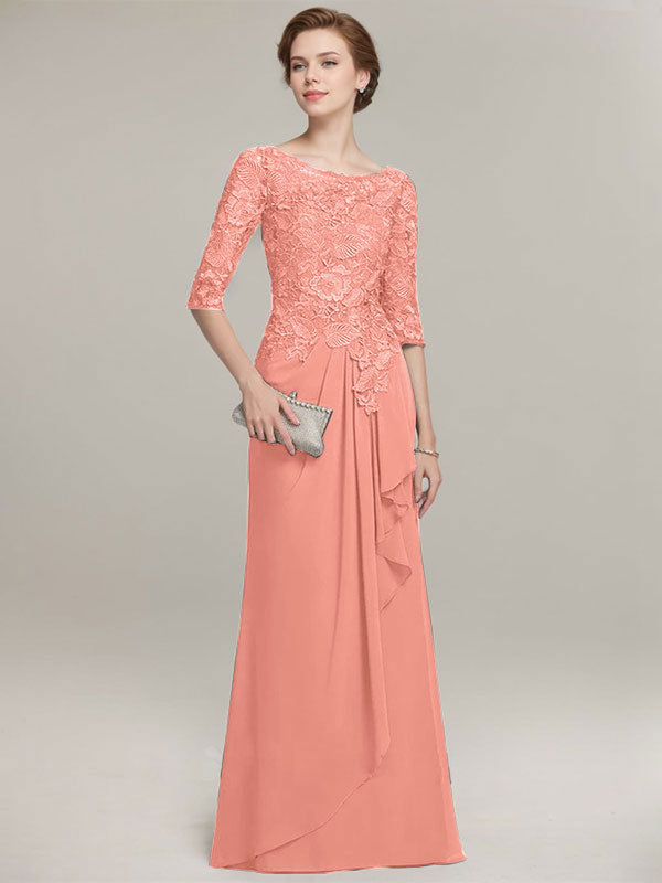 A-line Scoop Illusion Floor-Length Lace Chiffon Mother of the Bride Dress With Cascading Ruffles - View 15 | FashionDia