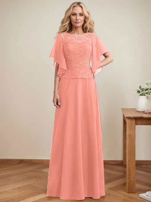 A-line Scoop Illusion Floor-Length Lace Chiffon Mother of the Bride Dress With Sequins - View 15 | FashionDia