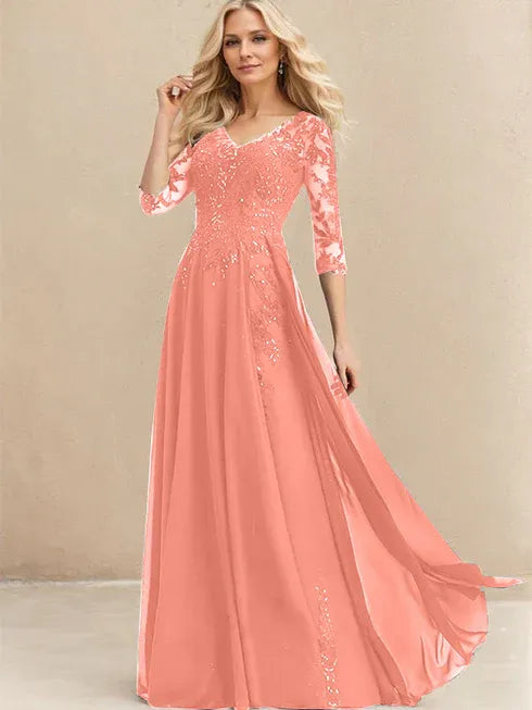 A-line V-Neck Floor-Length Lace Chiffon Mother of the Bride Dress With Sequins - View 13 | FashionDia