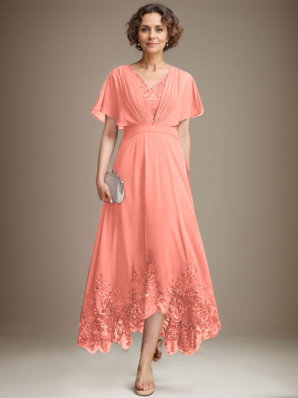 A-line V-Neck Asymmetrical Lace Chiffon Mother of the Bride Dress With Pleated - View 14 | FashionDia