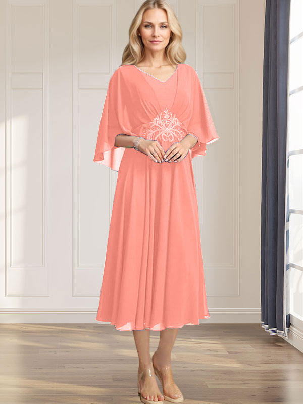 A-line V-Neck Tea-Length Chiffon Mother of the Bride Dress With Pleated Sequins Appliques Lace Beadind - View 15 | FashionDia