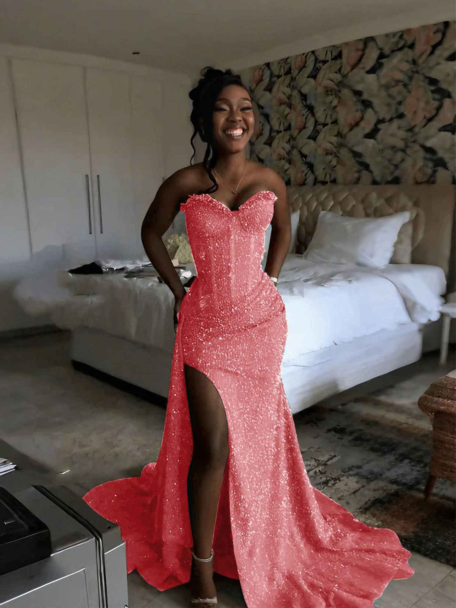 Glitter Strapless Mermaid Sequined Long Prom Dress with Slit (ZD17399)