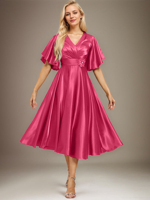 A-line V-Neck Tea-Length Stretch Satin Mother of the Bride Dress With Beading Pleated