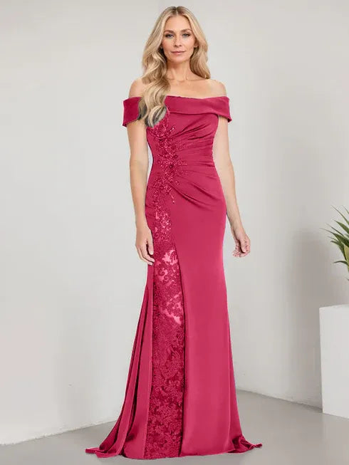 A-Line Off-the-Shoulder Floor-Length Mother of the Bride Dress Applique Beadings Mermaid Dress With High Split - View 10 | FashionDia