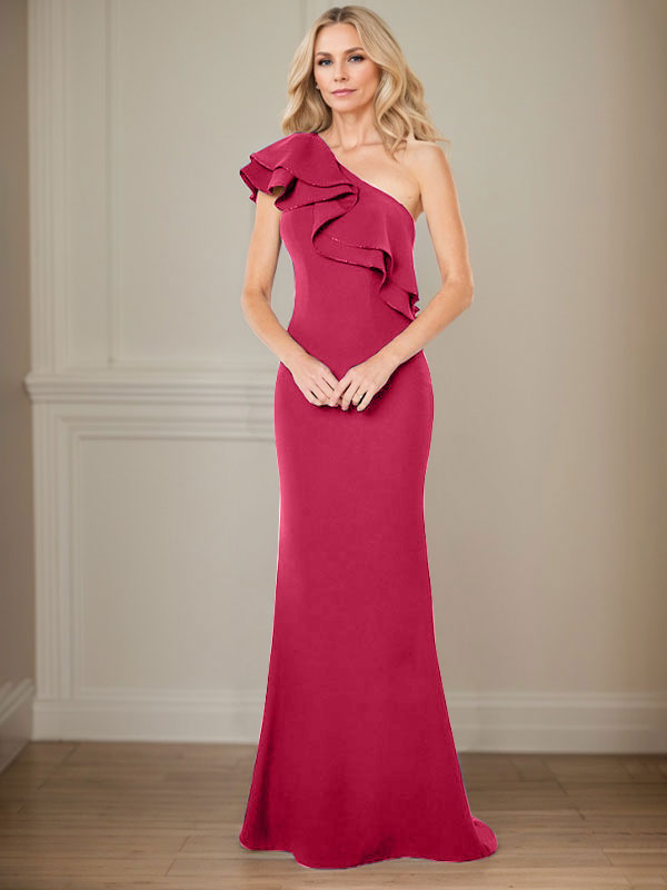 A-Line One-Shoulder Floor-Length Chiffon Mother of the Bride Dress With Ruffles - View 10 | FashionDia