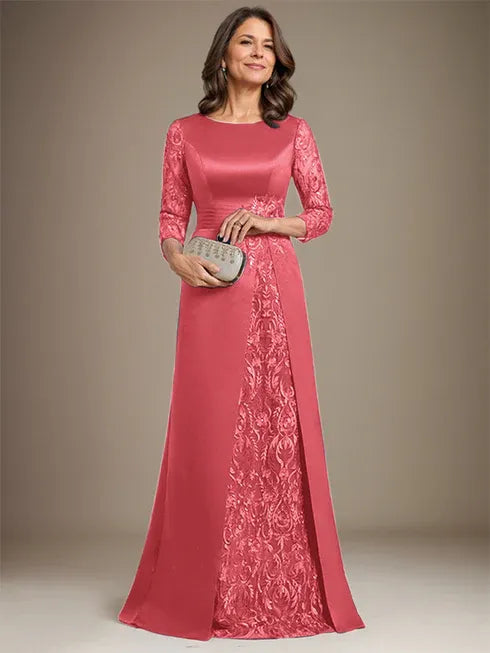 A-Line Scoop Floor-Length Lace Satin Mother Of the Bride Dress With Applique - View 15 | FashionDia