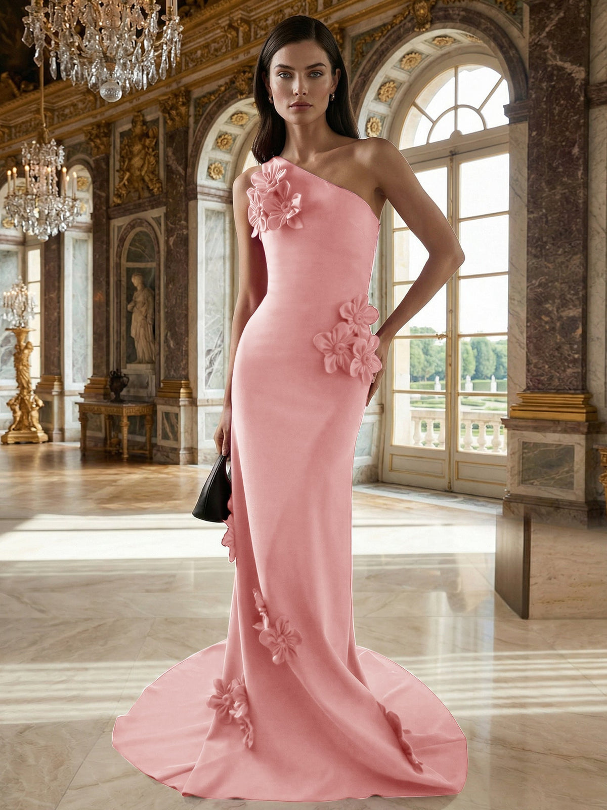 A-Line One-Shoulder Sleeveless Floor-Length Stretch Crepe Dress With 3D Flowers - View 5 | FashionDia