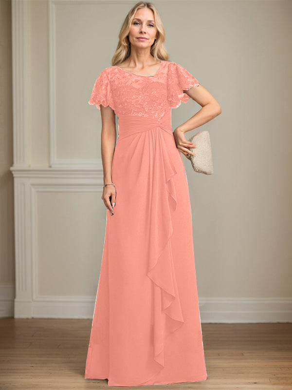 A-line Asymmetrical Illusion Floor-Length Lace Chiffon Mother of the Bride Dress With Cascading Ruffles Sequins - View 15 | FashionDia