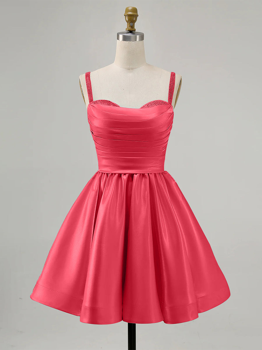 A-Line Spaghetti Straps Beaded Satin Short Homecoming Dress - FashionDia
