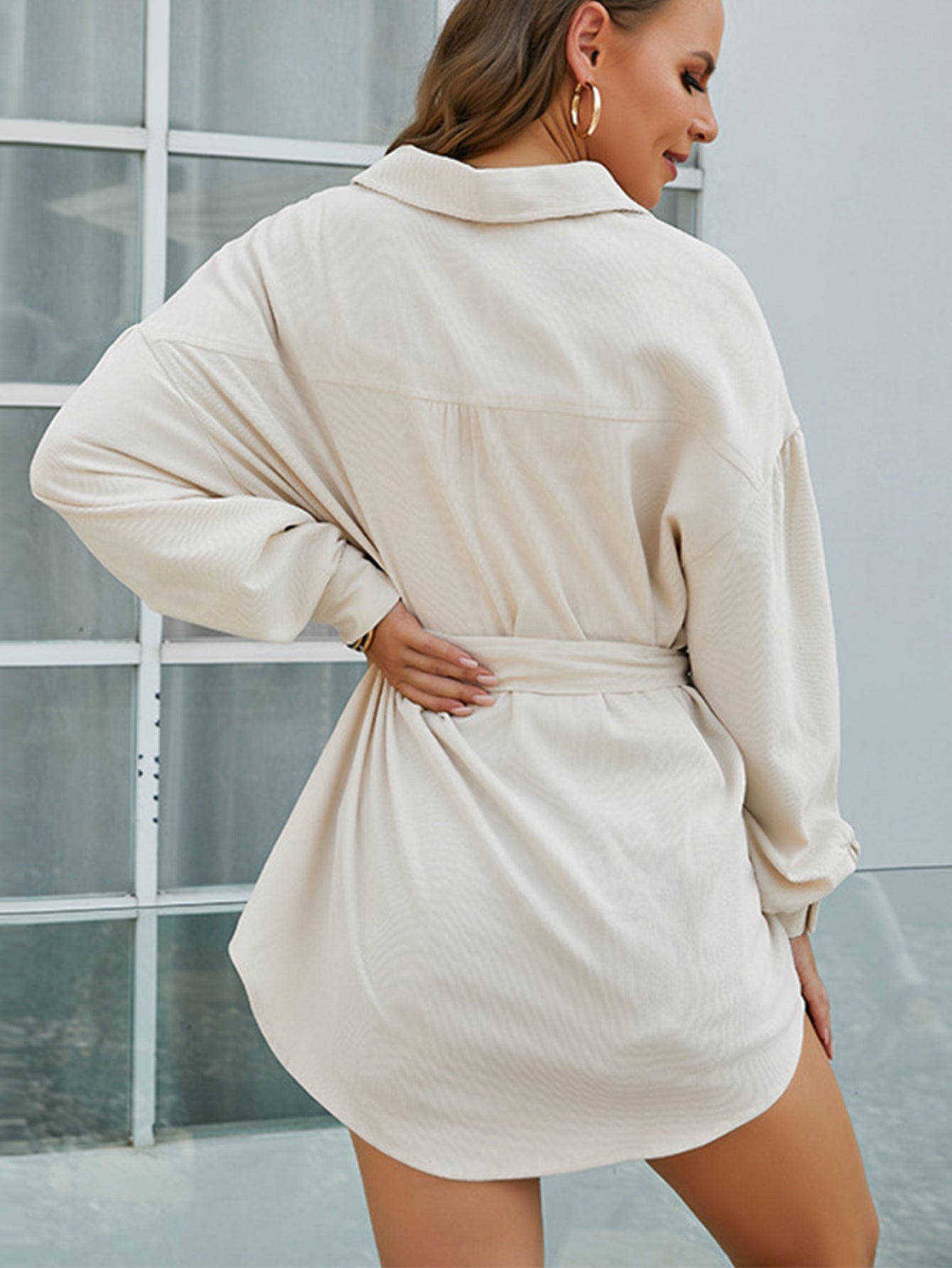 Cord Front Pockets Self Waist Tie Shirt Dress