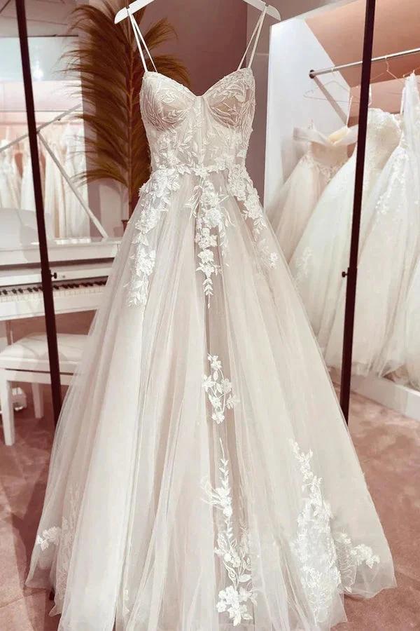 Corset Bodice Spaghetti Straps A Line Lace Wedding Dress Bridal Gown (ZD16332) - VelvetHem