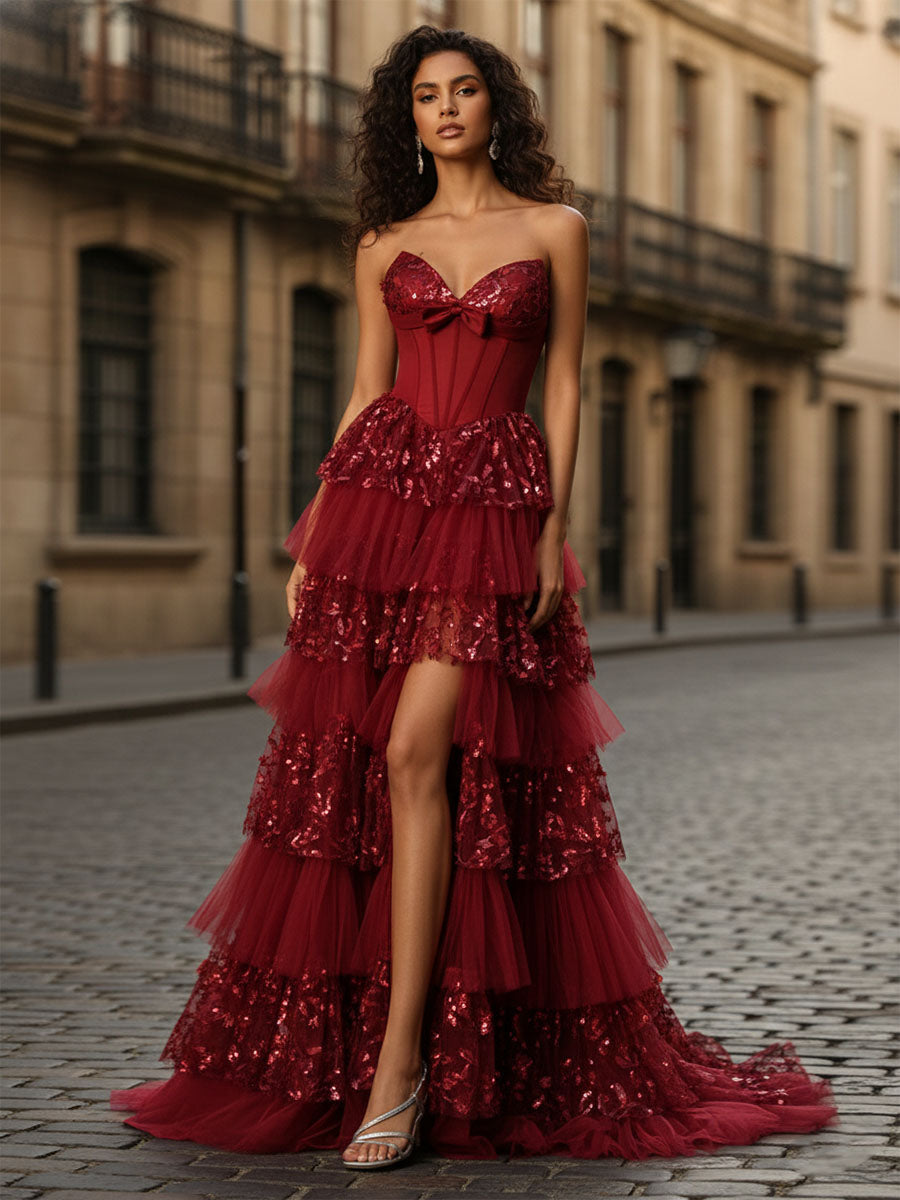 Corset Bodice Tiered Long Prom Dress with 3D Floral Appliqués