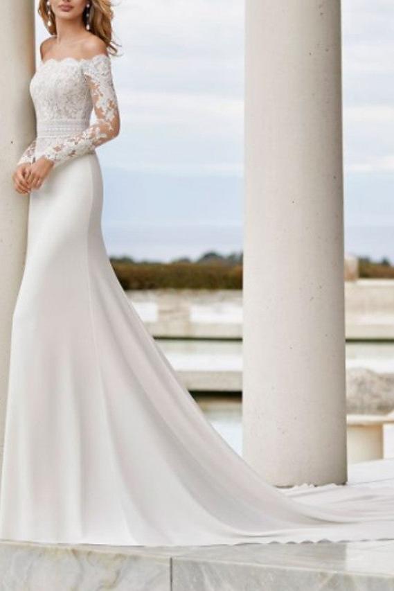 Country Mermaid Beach Wedding Dresses Off Shoulder Lace Satin Long Sleeve See-Through Bridal Gowns with Court Train