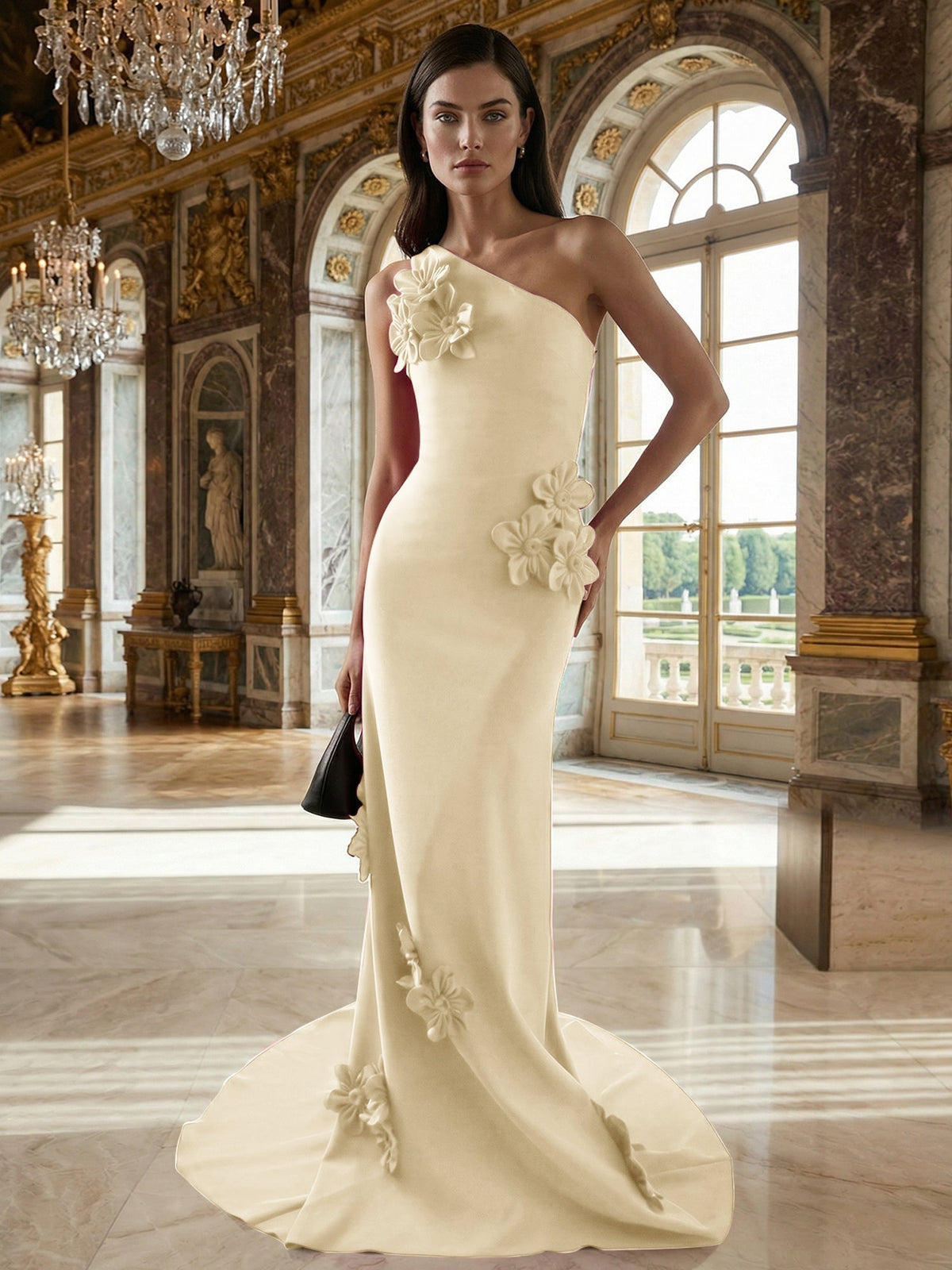 A-Line One-Shoulder Sleeveless Floor-Length Stretch Crepe Dress With 3D Flowers - View 6 | FashionDia