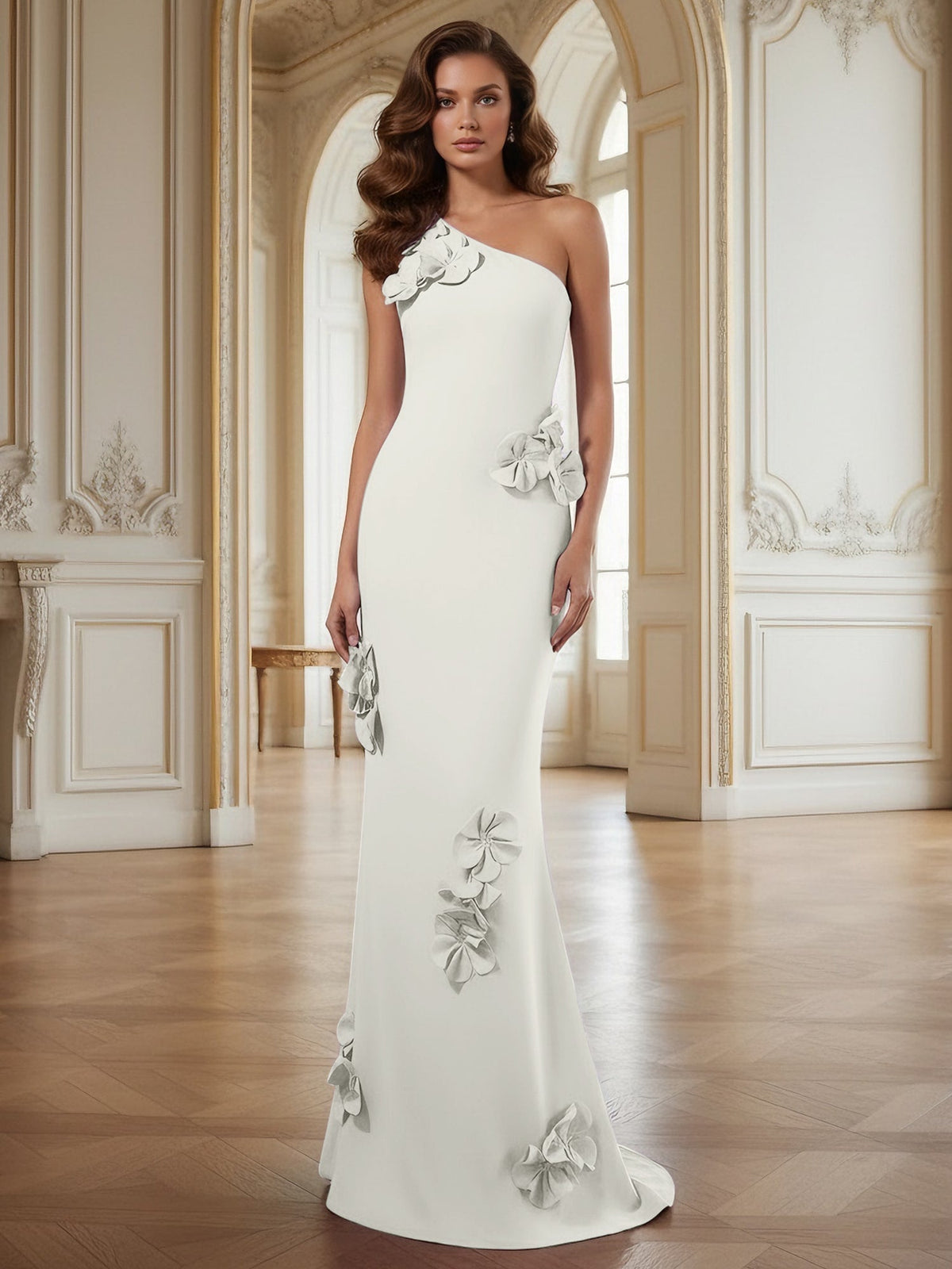 Cream One-Shoulder Prom Dress with Sculptural 3D Floral Appliqu�s - FashionDia