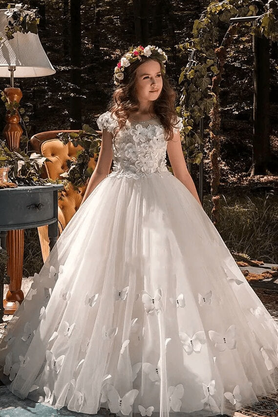 Crew Neck A Line Tulle Princess Flower Girl Dress with Butterflies and 3D Flowers