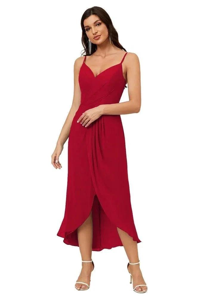 Numbersea Spaghetti Chiffon V Neck Bridesmaid Dress Mid-Length Slit Formal Prom Dress Homecoming Dress 2803 by numbersea