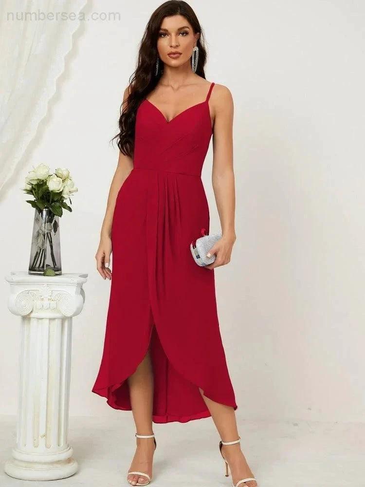 ZapDress Spaghetti Chiffon V Neck Bridesmaid Dress Mid-Length Slit Formal Prom Dress Homecoming Dress 2803 (ZD16952)