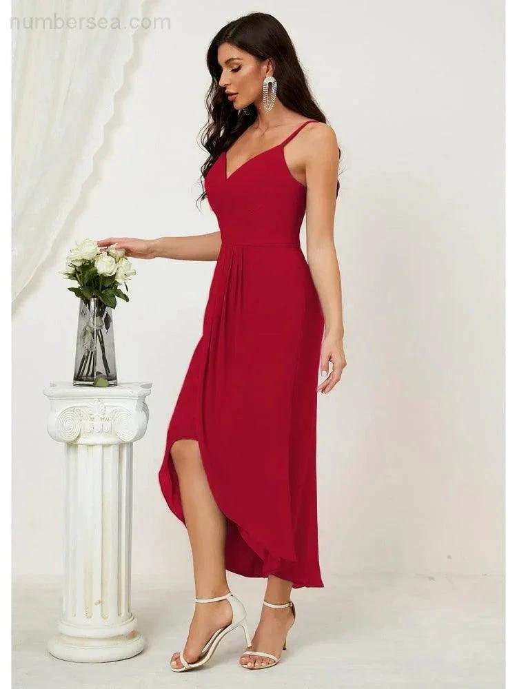 ZapDress Spaghetti Chiffon V Neck Bridesmaid Dress Mid-Length Slit Formal Prom Dress Homecoming Dress 2803 (ZD16952)