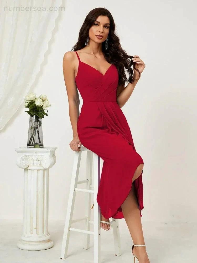 ZapDress Spaghetti Chiffon V Neck Bridesmaid Dress Mid-Length Slit Formal Prom Dress Homecoming Dress 2803 (ZD16952)