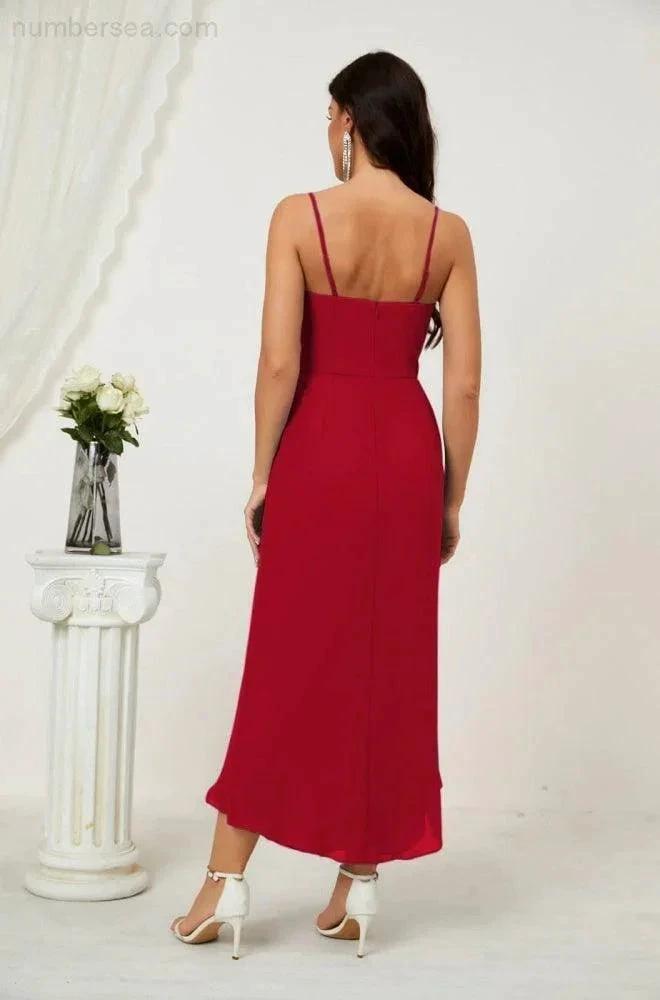 ZapDress Spaghetti Chiffon V Neck Bridesmaid Dress Mid-Length Slit Formal Prom Dress Homecoming Dress 2803 (ZD16952)