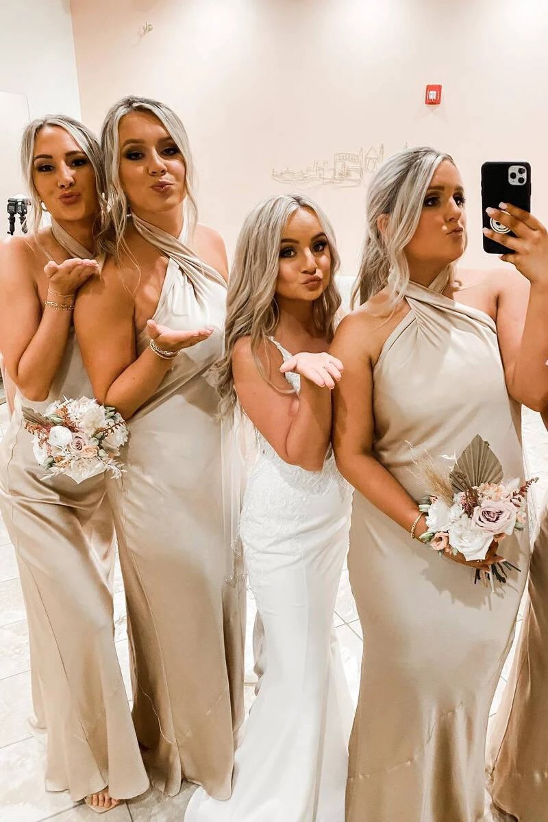 Cross Front Halter Champagne Floor Length Bridesmaid Dress BD098 by pgmdress