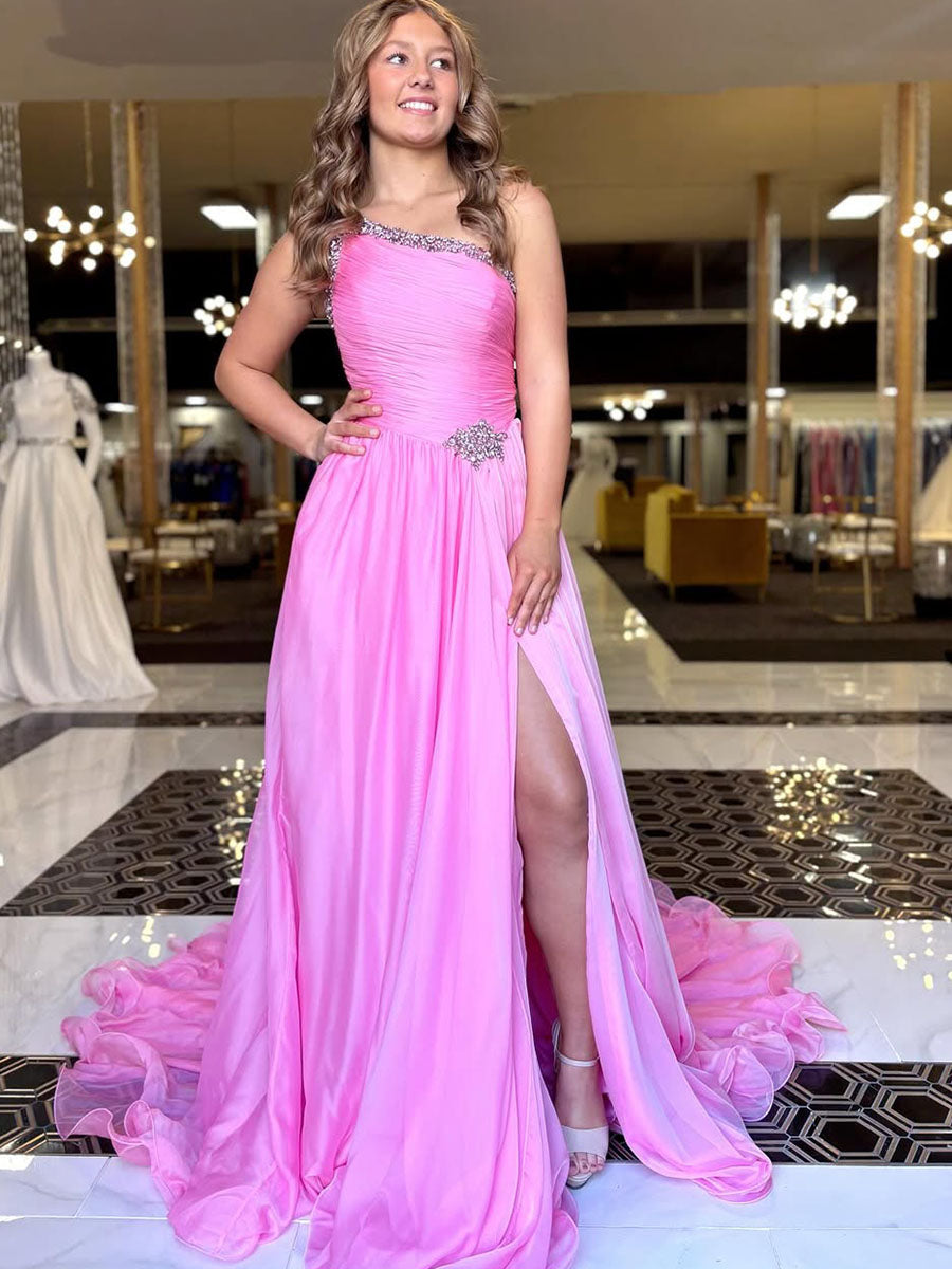 Crystal Beading One-Shoulder Chiffon Prom Dress with High Slit - FashionDia