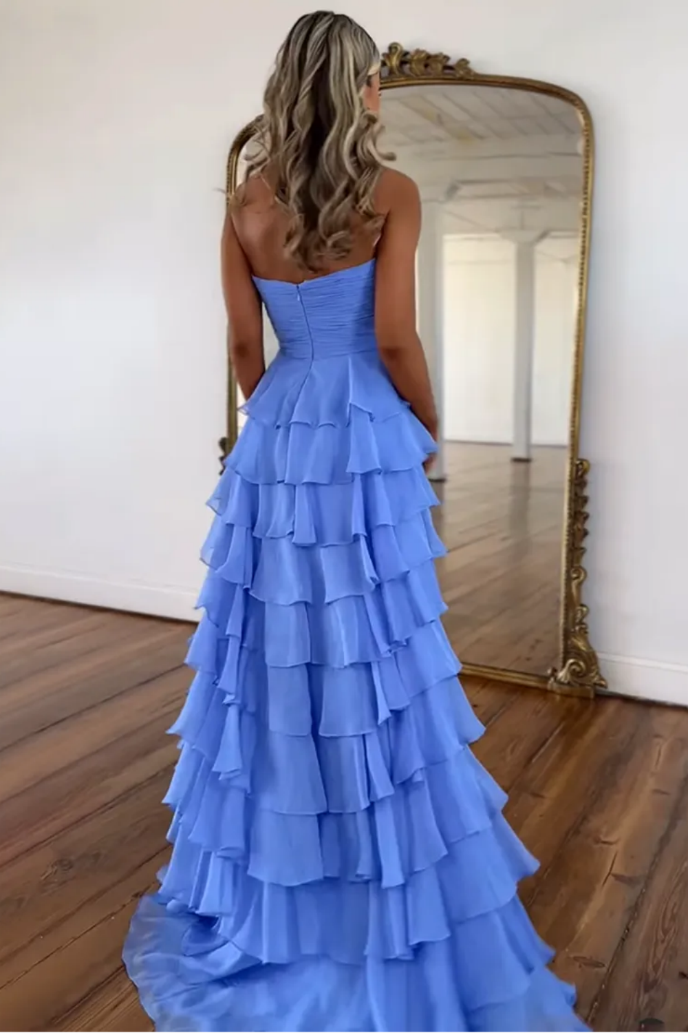 Cute A-Line Sweetheart Zipper Back Tiered Chiffon Prom Dress With Slit - View 9 | FashionDia
