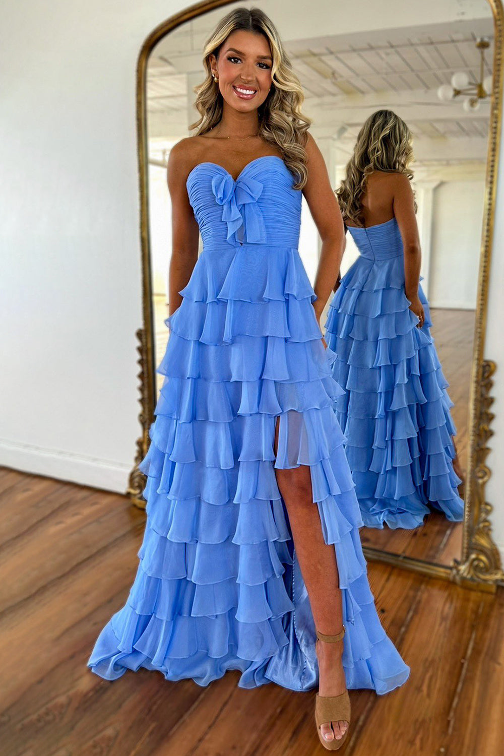 Cute A-Line Sweetheart Zipper Back Tiered Chiffon Prom Dress With Slit - View 8 | FashionDia