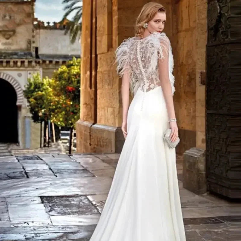 Custom Made Feather Mermaid Elegant V-neck Sleeveless Stain Wedding Dress Vestido De Novia Bridal Gown For Women (ZD14100)