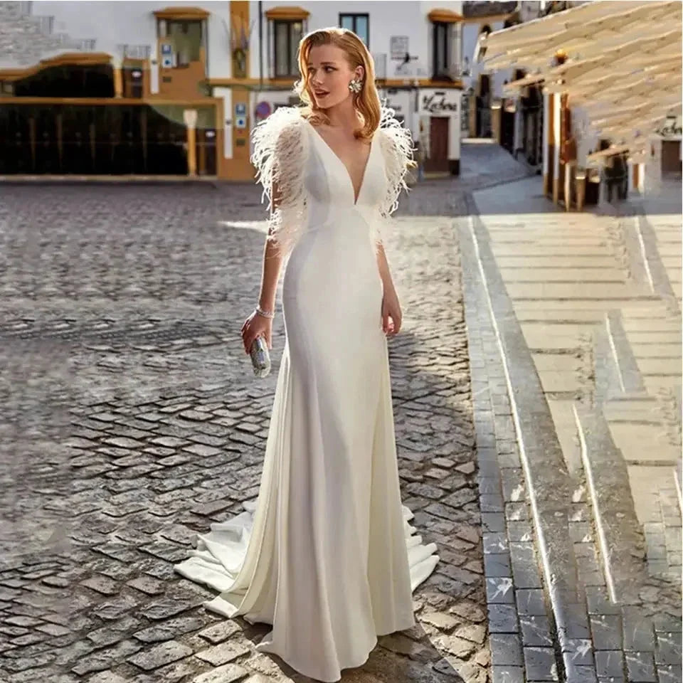 Custom Made Feather Mermaid Elegant V-neck Sleeveless Stain Wedding Dress Vestido De Novia Bridal Gown For Women (ZD14100)