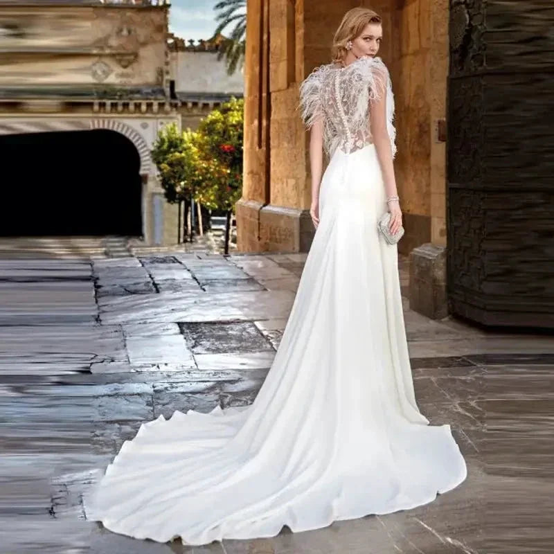 Custom Made Feather Mermaid Elegant V-neck Sleeveless Stain Wedding Dress Vestido De Novia Bridal Gown For Women (ZD14100)