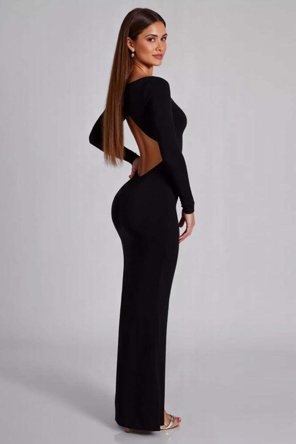 Cut Out Jersey Black Wedding Guest Dress Long Sleeves Formal Dress With Slit