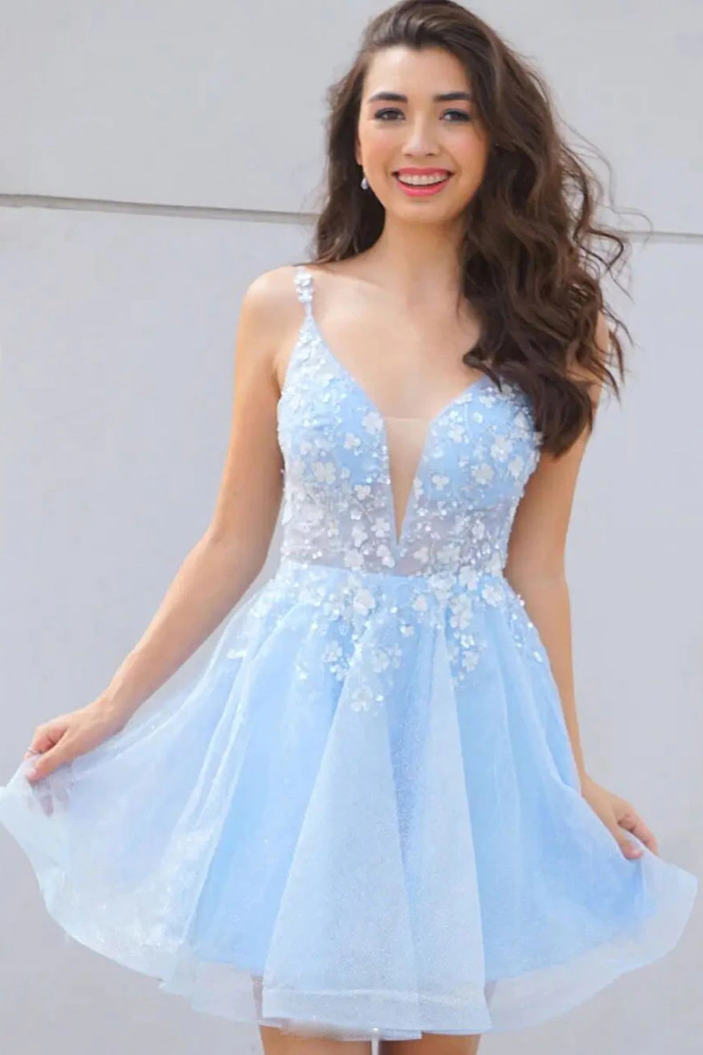 Cute A Line Deep V Neck Light Blue Homecoming Dresses Prom Dress with Appliques