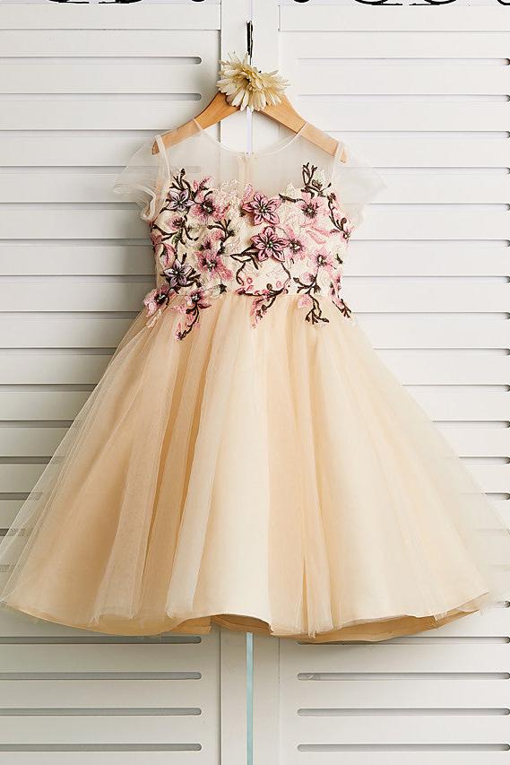 Cute Jewel Tulle Lace Satin Sleeveles Flower Girl Dress On Sale