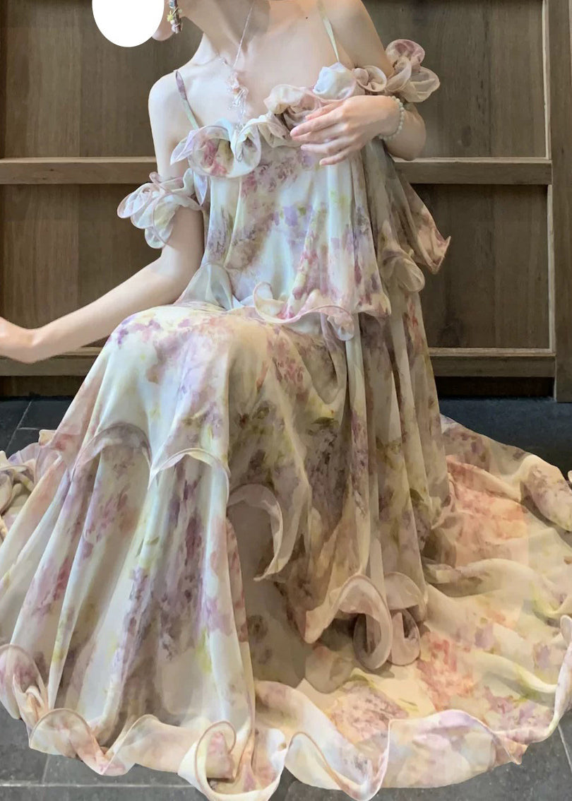 Cute Light Purple Ruffled Print Chiffon Maxi Cake Dress Summer