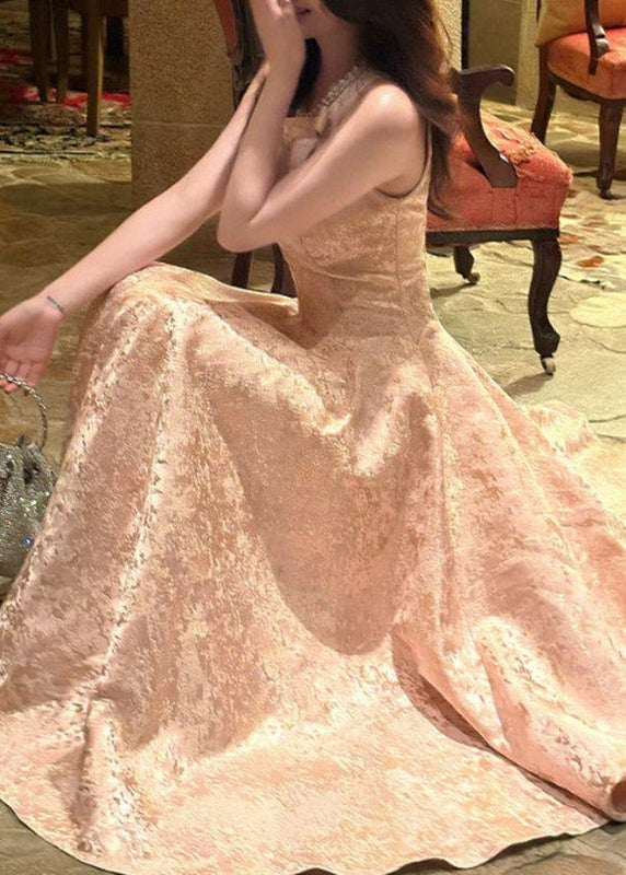 Cute Pink O-Neck Bow Patchwork Maxi Dresses Summer