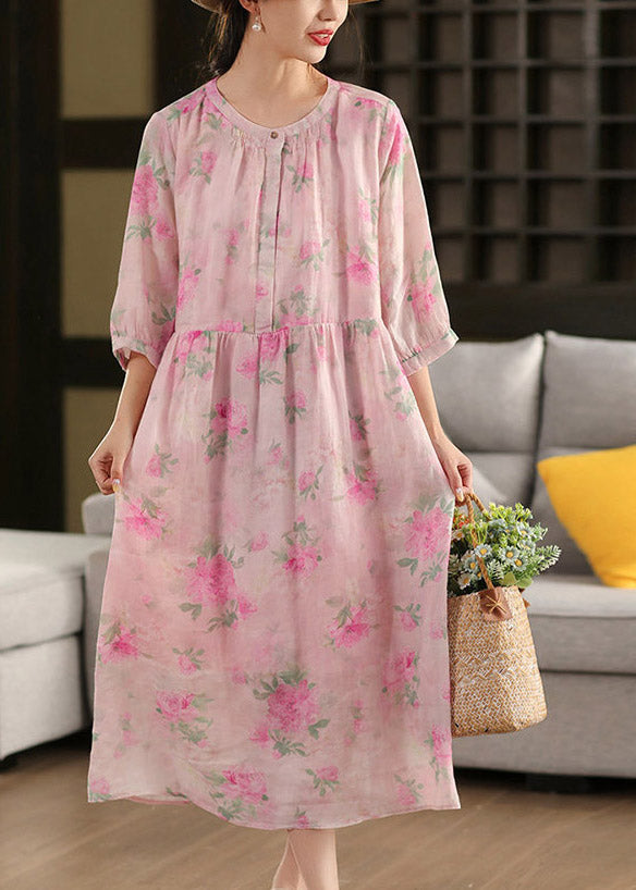 Cute Pink O-Neck Print Patchwork Linen Maxi Dress Half Sleeve