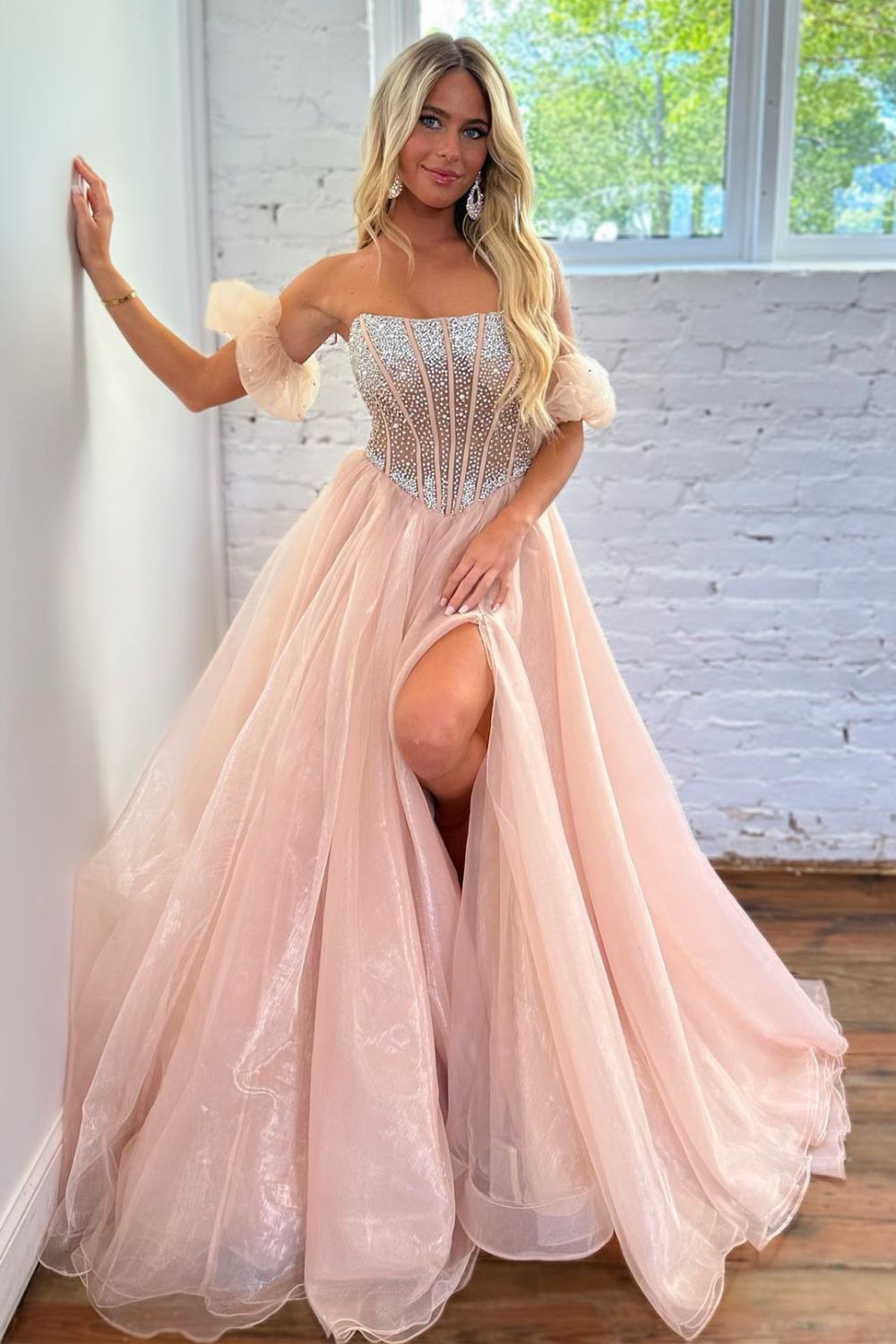 Cute A-Line Strapless Long Tulle Prom Dress With Split And Beading - FashionDia