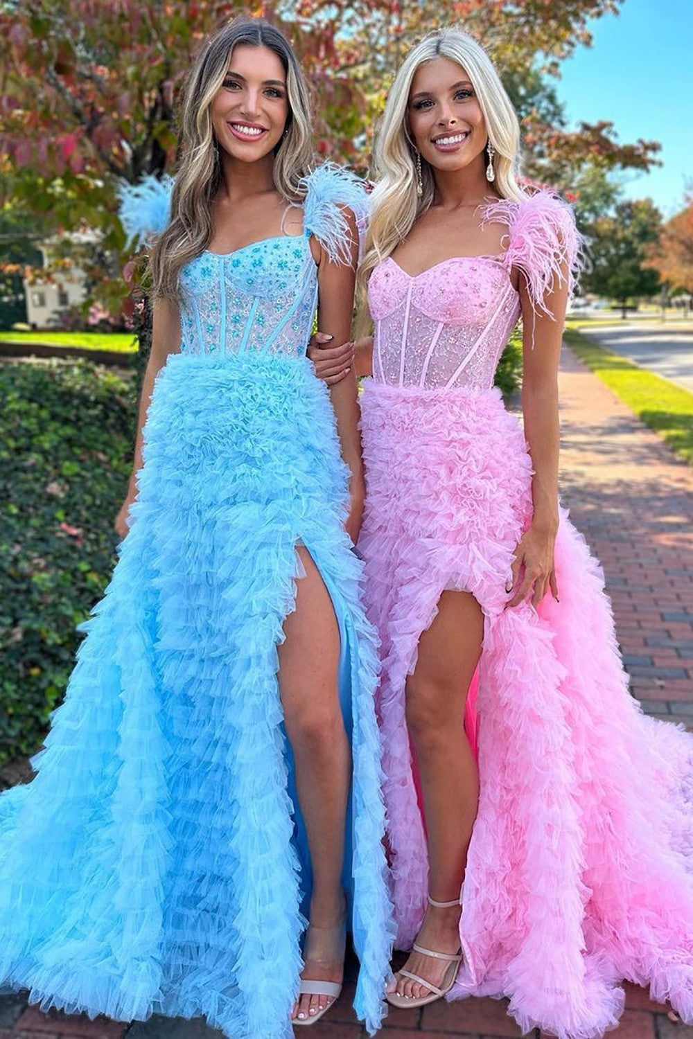 Cute A-Line Feather Straps Long Ruffle Prom Dress With Split - FashionDia
