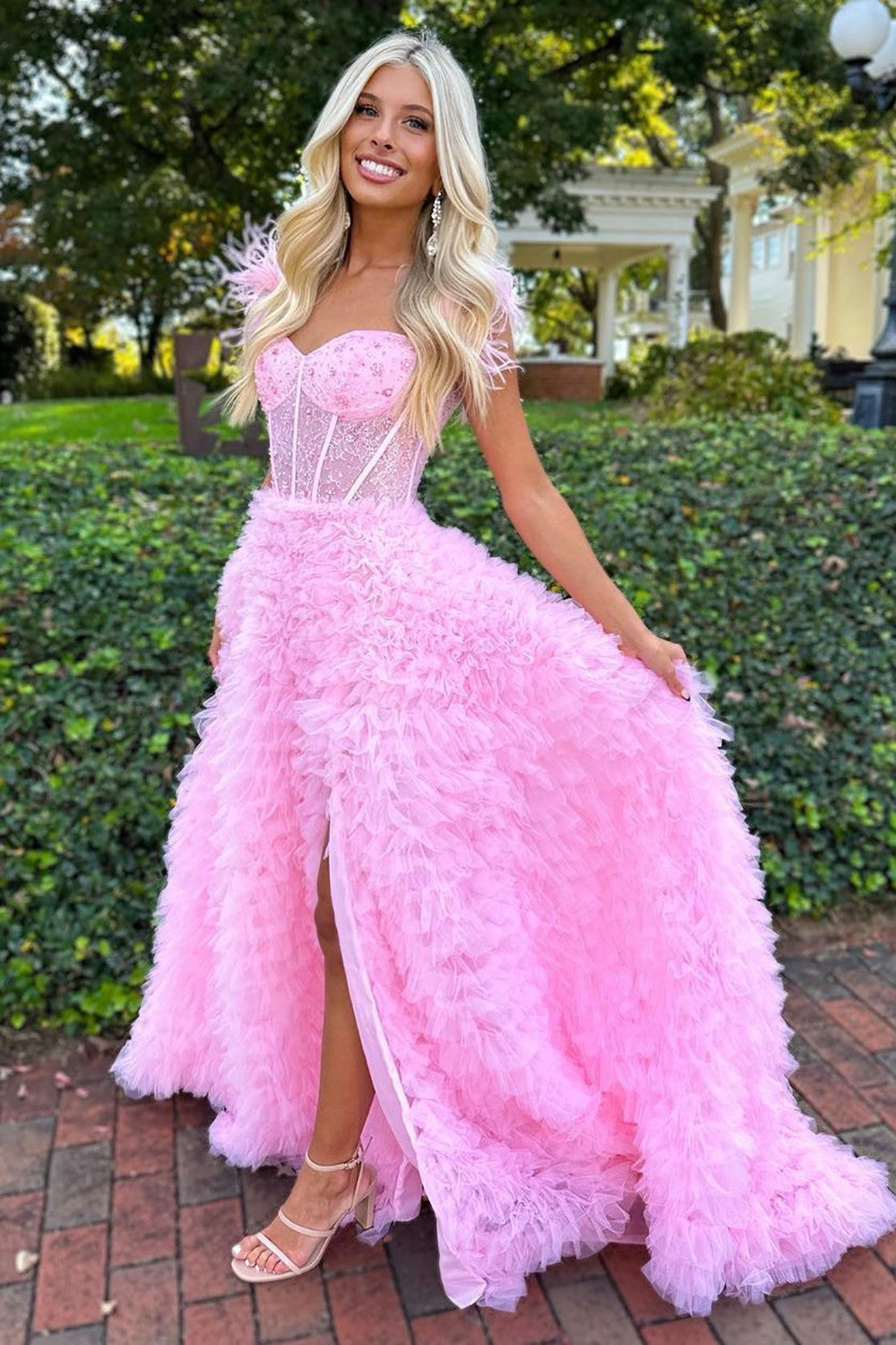 Cute A-Line Feather Straps Long Ruffle Prom Dress With Split - View 2 | FashionDia