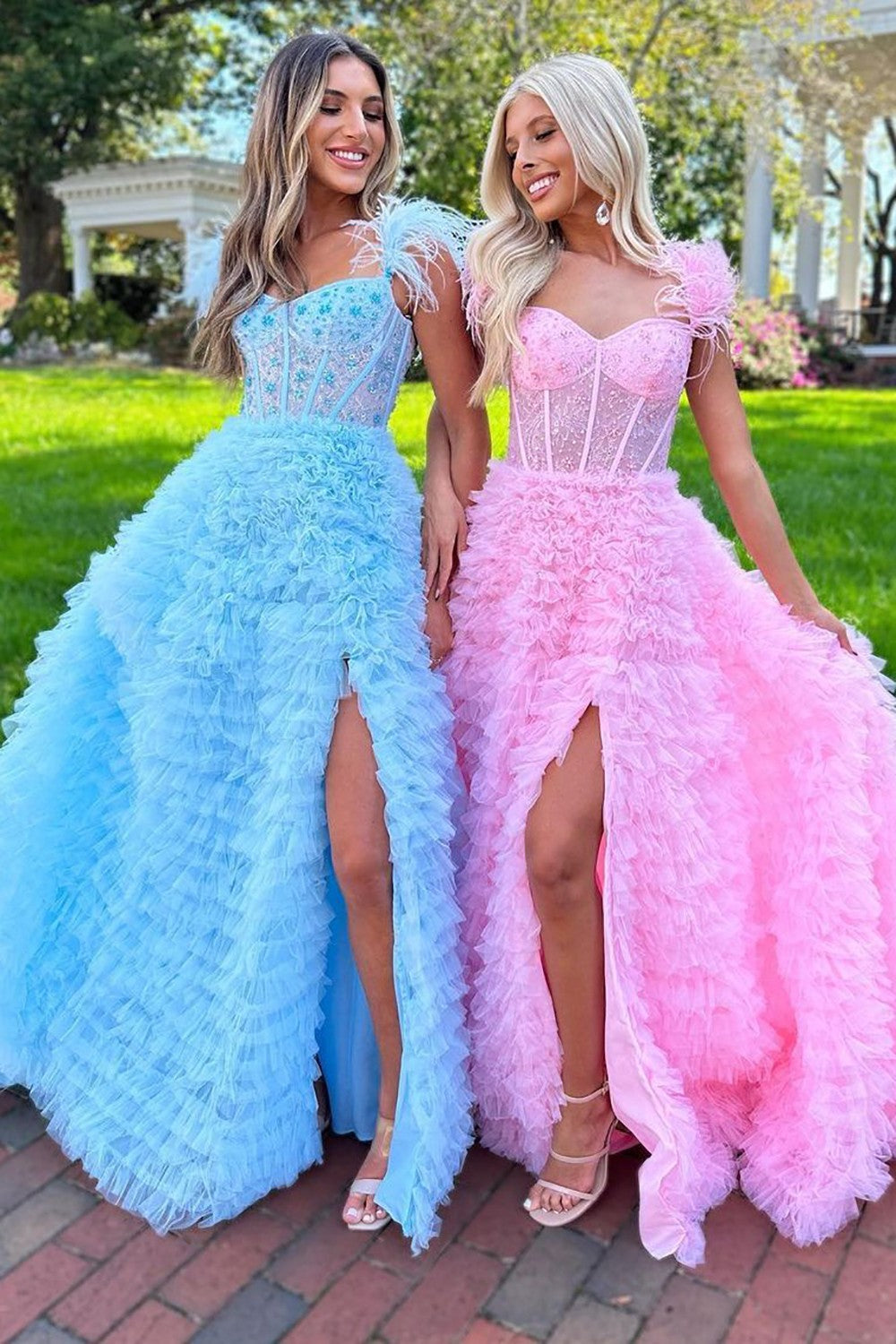 Cute A-Line Feather Straps Long Ruffle Prom Dress With Split - View 3 | FashionDia