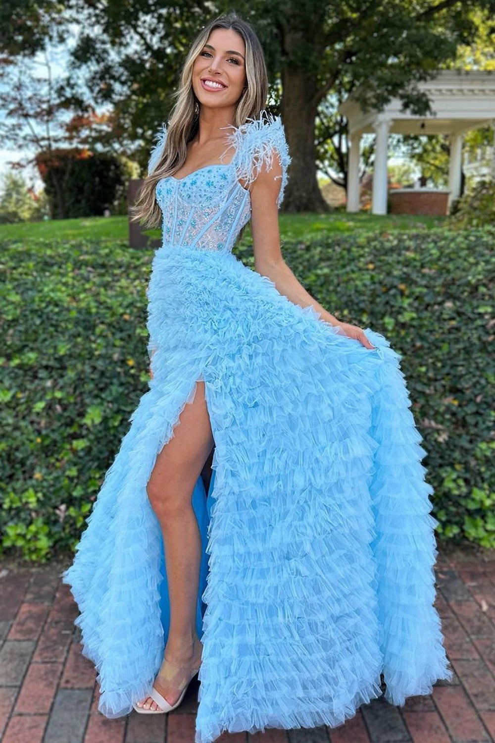 Cute A-Line Feather Straps Long Ruffle Prom Dress With Split - View 4 | FashionDia