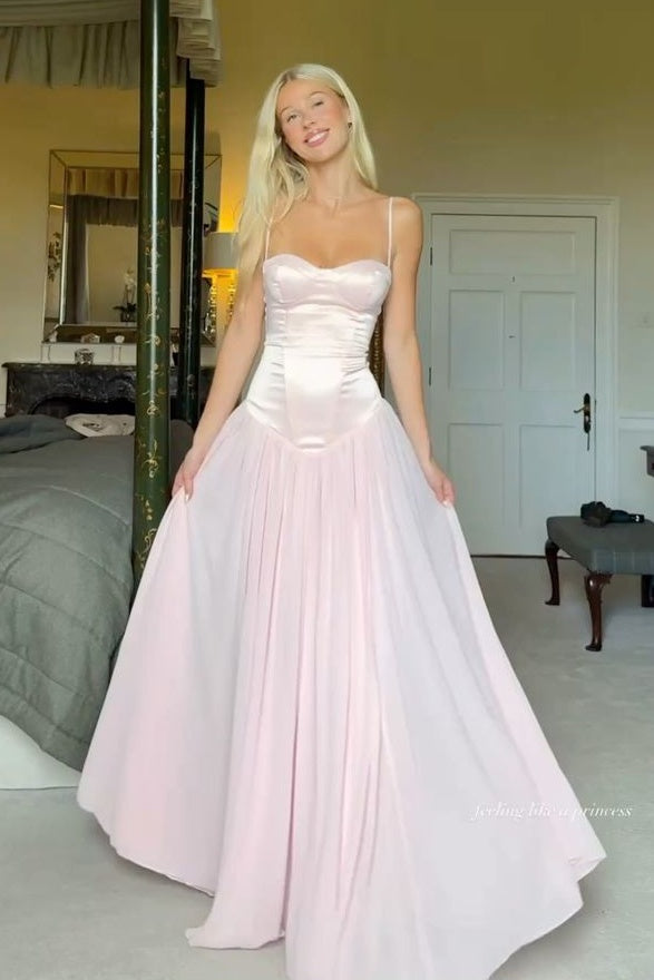 Cute A Line Spaghetti Straps Light Pink Long Prom Dress with Ruffles - FashionDia