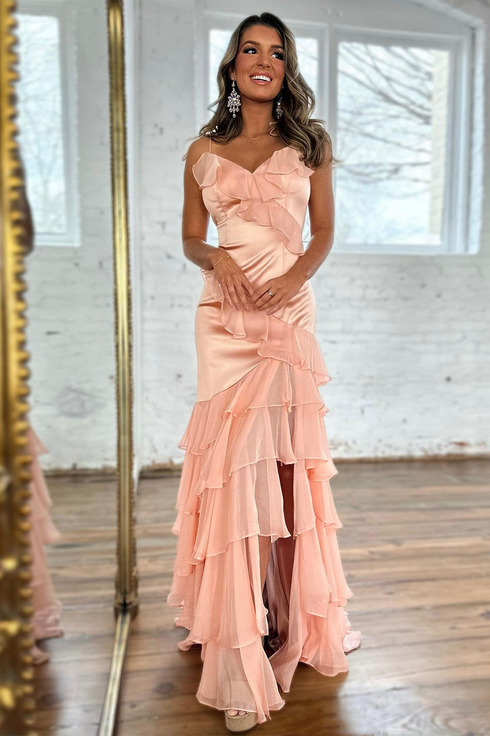 Blush Satin Spaghetti Straps Mermaid Zipper Back Long Prom Dress With Ruffles - FashionDia