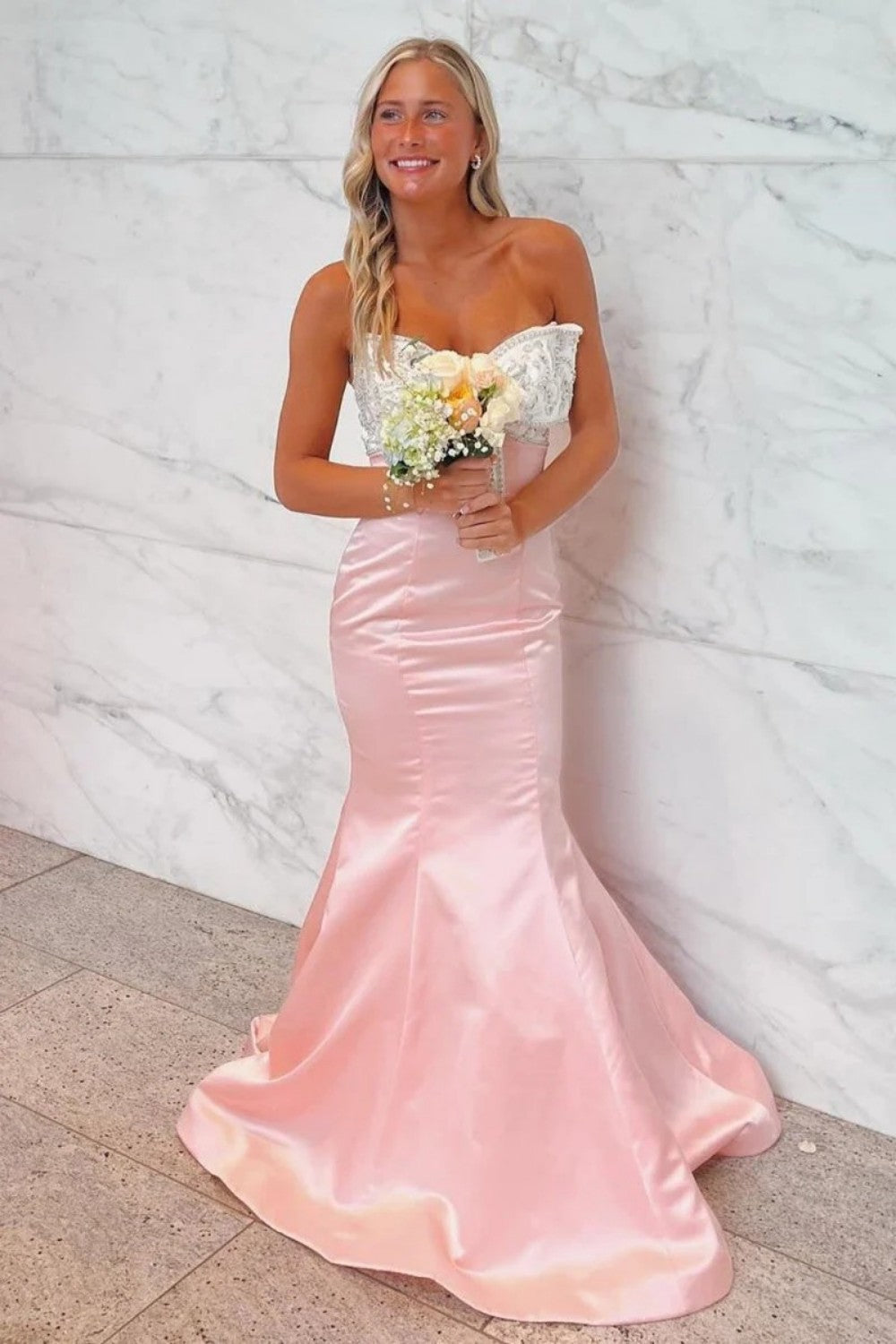 Cute Mermaid Sweetheart Pink Long Prom Dress with Bowknot Beading - FashionDia